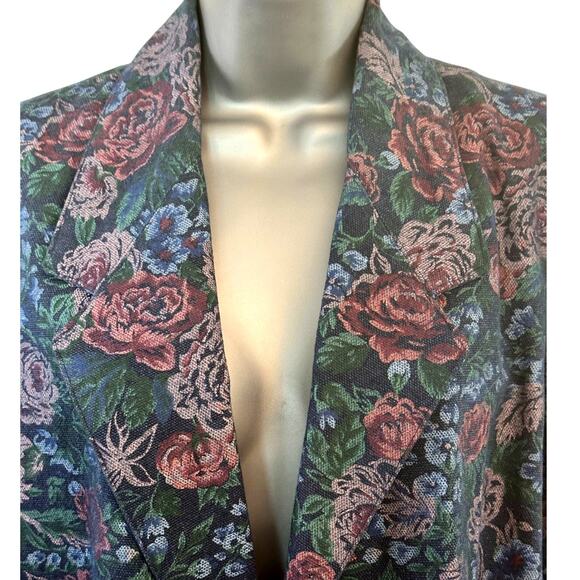Handmade Floral Print Denim Dark Cabbage Rose Woman’s Jacket Very Good Condition - Picture 2 of 9